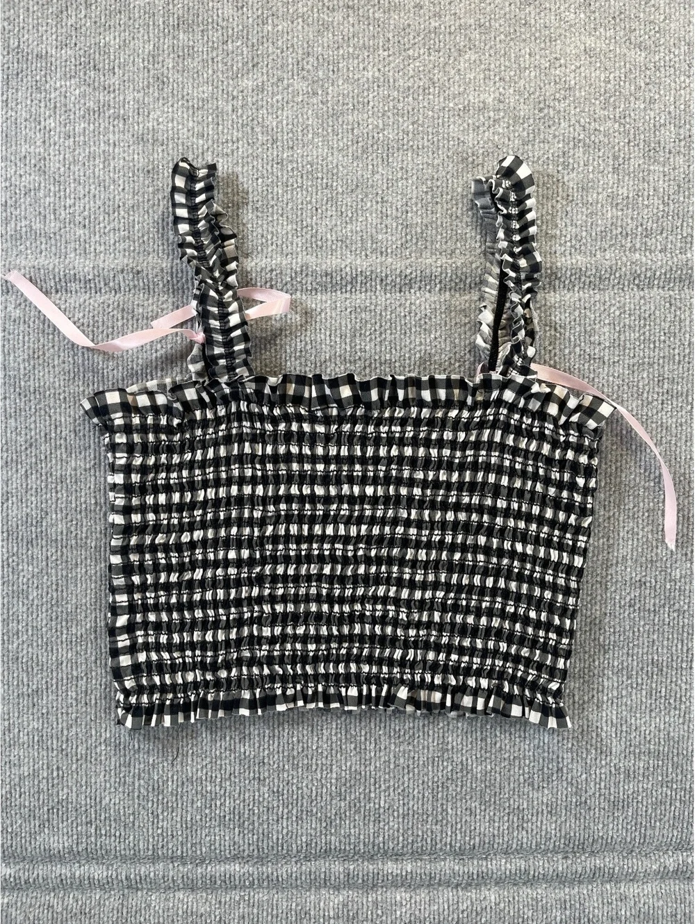 Coquette Gingham Crop Top Smocked Black White Plaid Pink Ribbon Bow Cami Tank